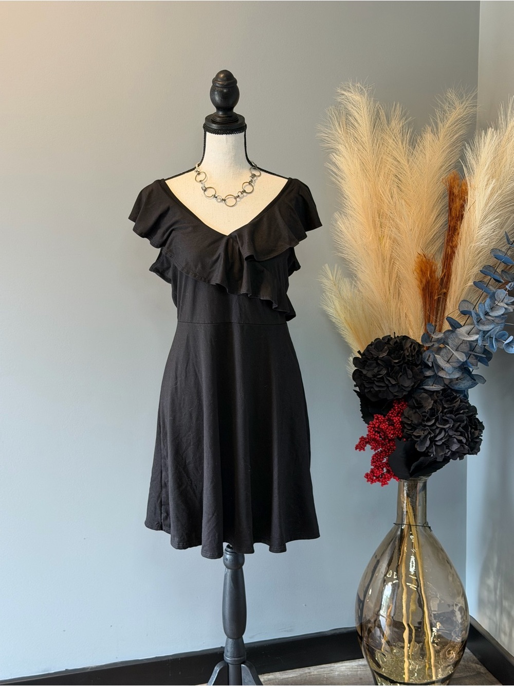 Alya Skin Black Ruffle V-Neck Mini Dress